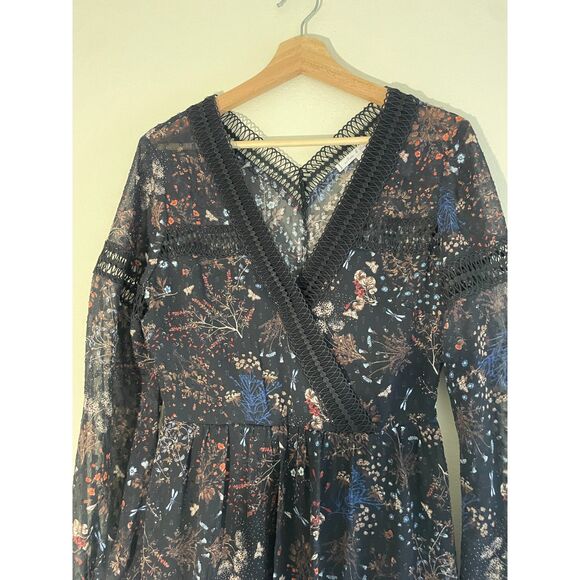 Dark Floral Babydoll Dress Sheer Chiffon Lace Accents Size Small Whimsigoth Boho - Picture 3 of 7